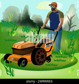 hand drawn vector man on a lawn mower mows the grass Stock Vector