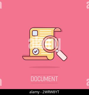 Magnifying glass with document icon in comic style. Report approval cartoon vector illustration on isolated background. Paper sheet sign business conc Stock Vector