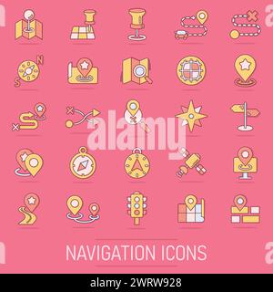 Navigation icons set in comic style. Gps direction cartoon vector illustration on isolated background. Locate pin position splash effect business conc Stock Vector