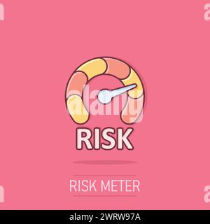 Risk meter icon in comic style. Rating indicator cartoon vector illustration on isolated background. Fuel level sign splash effect business concept. Stock Vector