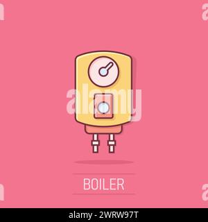 Gas boiler icon in comic style. Heater cartoon vector illustration on isolated background. Boiling splash effect sign business concept. Stock Vector