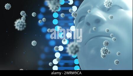 Image of falling cells and dna strand over human head 3d model on dark background Stock Photo