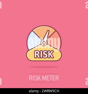 Risk meter icon in comic style. Rating indicator cartoon vector illustration on isolated background. Fuel level sign splash effect business concept. Stock Vector