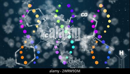 Image of virus cells floating over dna and black background Stock Photo