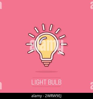 Light bulb icon in comic style. Lamp cartoon vector illustration on isolated background. Idea, solution, thinking sign business concept splash effect. Stock Vector