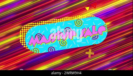 Image of massive sale text banner against colorful light trails in seamless pattern Stock Photo