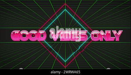 Image of good vibes only text with rhombus over green grid pattern against black background Stock Photo