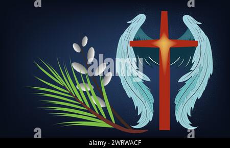 Angel wings and a cross for a Catholic holiday, a palm tree branch and a willow branch Stock Vector