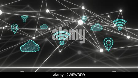 Image of network of connections and digital icons over black background Stock Photo