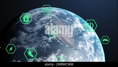 Image of eco icons and data processing over globe Stock Photo