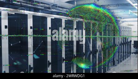 Image of globe and mathematical equations over server room Stock Photo