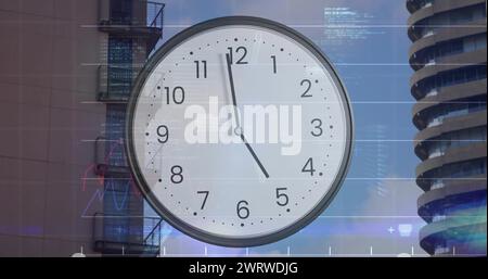 Image of diagrams and data processing with clock over cityscape. Global ...