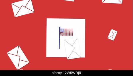 Image of envelopes falling and flag in red, white and blue of united states of america Stock Photo