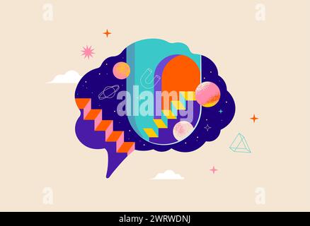 Surreal, Psychology, Dream, Mental Health concept illustration. Brain, neuroscience and creative mind poster, cover. Contemporary art background and Stock Vector