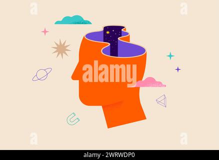 Surreal, Psychology, Dream, Mental Health concept illustration. Brain, neuroscience and creative mind poster, cover. Contemporary art background and Stock Vector