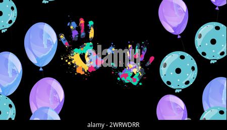 Image of handprints and balloons on black background Stock Photo