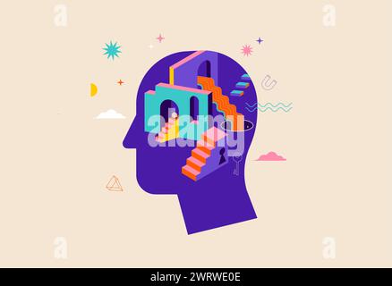 Surreal, Psychology, Dream, Mental Health concept illustration. Brain, neuroscience and creative mind poster, cover. Contemporary art background and Stock Vector