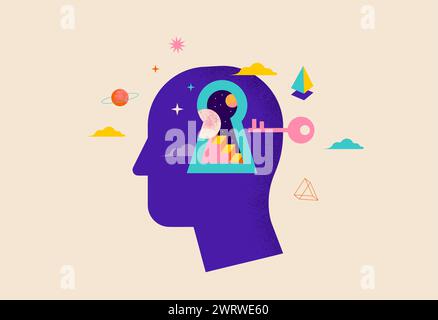 Surreal, Psychology, Dream, Mental Health concept illustration. Brain, neuroscience and creative mind poster, cover. Contemporary art background and Stock Vector