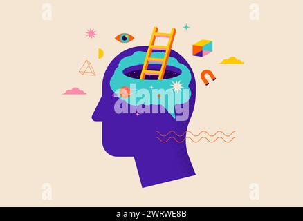 Surreal, Psychology, Dream, Mental Health concept illustration. Brain, neuroscience and creative mind poster, cover. Contemporary art background and Stock Vector