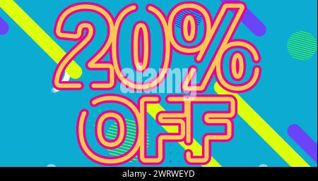 Image of 20 percent off text over a speech bubble against abstract shapes on blue background Stock Photo