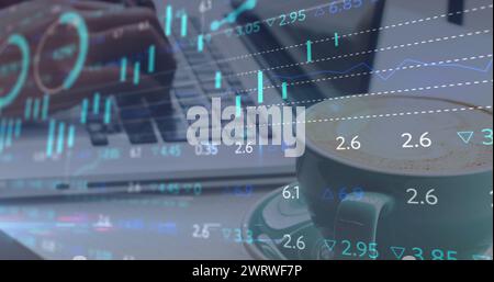 Image of financial data processing over woman using laptop Stock Photo