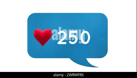 Digital image of a heart icon and increasing numbers  inside a blue chat box on a white background 4 Stock Photo