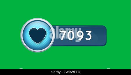 Digital image of a heart icon with increasing numbers ona green background 4k Stock Photo