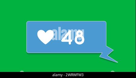 Digital image of a heart icon and increasing numbers inside a blue chat box on a green background 4k Stock Photo