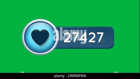 Digital image of a heart icon with increasing numbers ona green background 4k Stock Photo