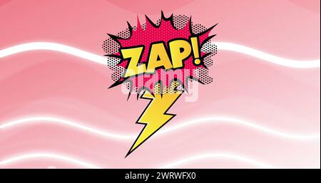 Image of zap text in yellow letters in retro speech bubble with lightning over pink background Stock Photo