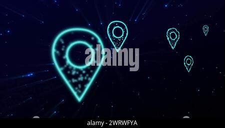Image of location pin icons with connections and data processing over dark background Stock Photo