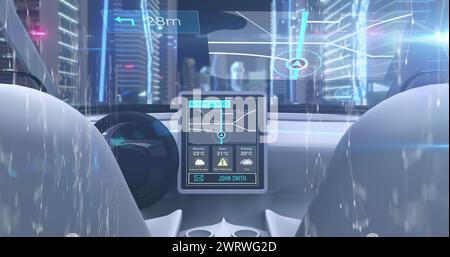 Image of data processing over dashboard in self drive car Stock Photo