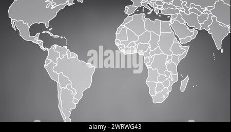 Image of world map with glowing contours moving on grey background Stock Photo