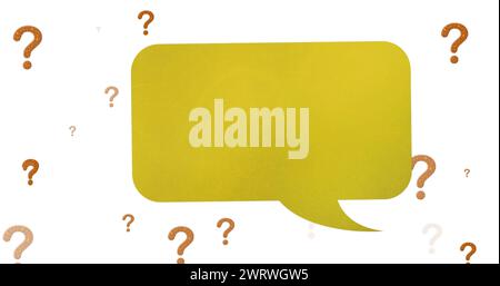 Image of speech bubble over question marks on white background Stock Photo