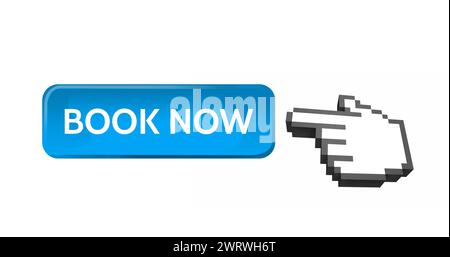 Digital image of blue book now button with hand icon pointing towards it Stock Photo