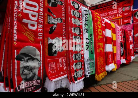 Liverpool, UK. 14th Mar, 2024. Scarfs for sale outside of Anfield ahead of the UEFA Europa League match Liverpool vs Sparta Prague at Anfield, Liverpool, United Kingdom, 14th March 2024 (Photo by Gareth Evans/News Images) in Liverpool, United Kingdom on 3/14/2024. (Photo by Gareth Evans/News Images/Sipa USA) Credit: Sipa USA/Alamy Live News Stock Photo