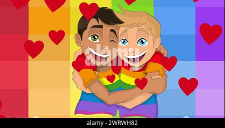 Image of hearts over two boys embracing on rainbow background Stock Photo