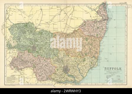 SUFFOLK antique county map by GW BACON 1883 old vintage plan chart ...