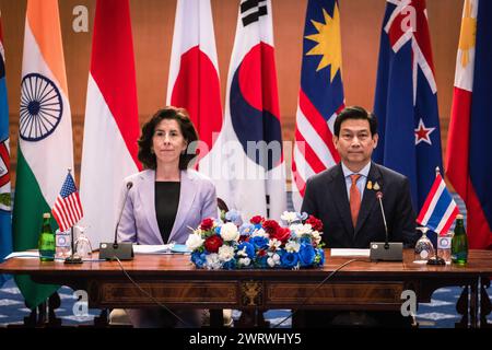 Bangkok, Bangkok, Thailand. 14th Mar, 2024. March''‹ 14''‹, 2024, Bangkok, Thailand, U.S. Secretary of Commerce Gina Raimondo(L)''‹and Thai Foreign Minister Parnpree Bahiddha-Nukara(R)''‹ co- chair a virtual meeting of ministers from countries involved in Washington's Indo- Pacific Economic Framework for Prosperity at Foreign Ministry in Bangkok, Thailand. (Credit Image: © Wissarut Weerasopon/ZUMA Press Wire) EDITORIAL USAGE ONLY! Not for Commercial USAGE! Stock Photo