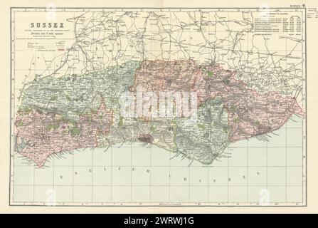 SUSSEX antique county map by GW BACON 1895 old vintage plan chart Stock ...