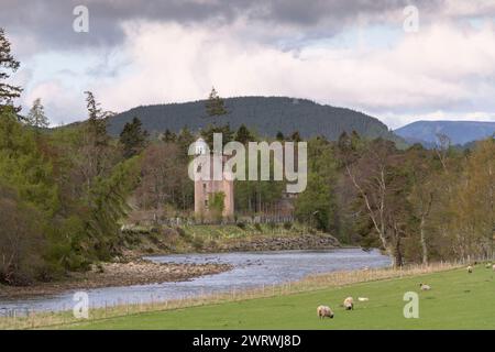 Abergeldie Castle by the River Dee in the Cairngorms National Park on a Cloudy Morning in Spring Stock Photo