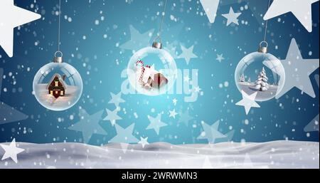 Image of christmas bubbles and stars with snow falling on blue background Stock Photo