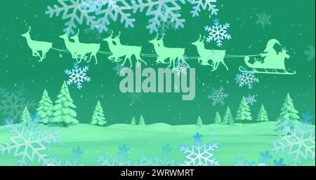 Image of christmas santa claus in sleigh with reindeer on green background Stock Photo