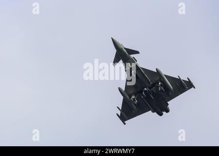 Wielbark, Poland. 14th Mar, 2024. Eurofighter Typhoon fighter jet of Italian Air Force flies during the Wielbark 2024 NATO's - Dragon-24 exercise, a part of large scale Steadfast Defender-24 exercise. Wielbark 2024 aims to exercise the starting and landing of fighter jets on a public provincial road. The Steadfast Defender-2 exercises, which will take place mainly in Central Europe, will involve some 90,000 troops from all NATO countries, including Sweden. Their aim is to deter and present defensive abilities in the face of possible aggression. Credit: SOPA Images Limited/Alamy Live News Stock Photo