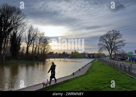 A woman walking a dog by the River Thames at sunset Shepperton on a cold winter's day, Surrey England UK Stock Photo