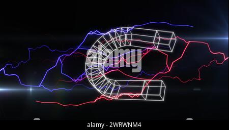 Image of magnet icon with lightning over light trails on black background Stock Photo