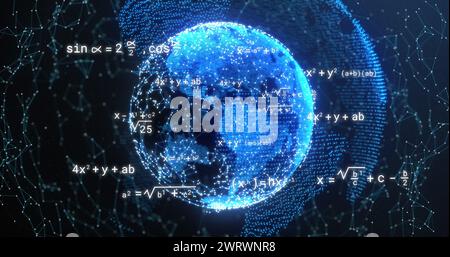 Image of mathematical equations over globe and network of connections on black background Stock Photo