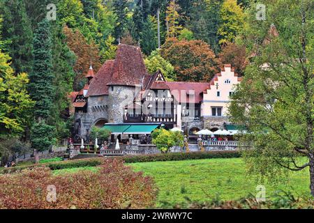 Sinaia, Romania - October 14, 2023: Entrance to the Peles castle, with traditional Romanian houses, and restaurant Stock Photo