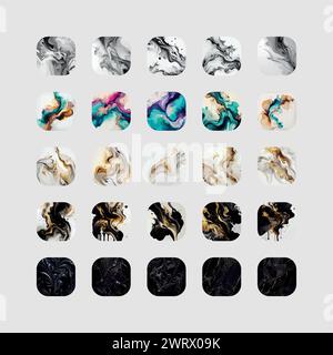 Set of 25 multi-colored marble mineral textures, backgrounds templates - Vector illustration Stock Vector