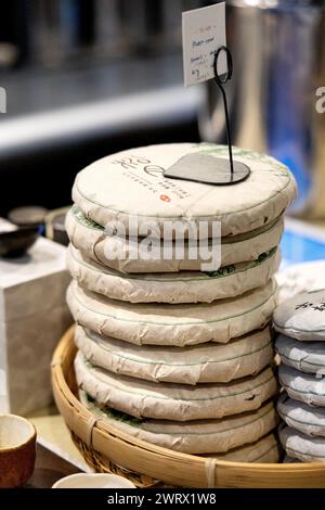 Pu-Erh tea cakes at the My Cup of Tea shop, Piccaddilly Circus, London, England Stock Photo